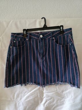 American Eagle Outfitters Navy Denim Mini Skirt with Pink Pinstripes